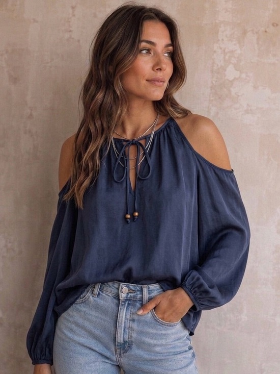 Aqua Tops - AQUA cold shoulder BLOUSE TOP satin silky blue SMALL long sleeve